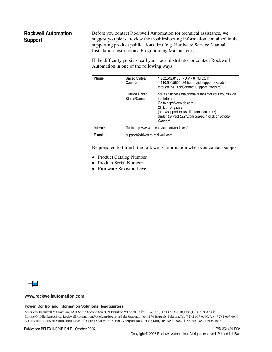 Rockwell automation support, Pub. no. - date | Rockwell Automation 20D PowerFlex 700H/S Spare Parts User Manual | Page 2 / 2