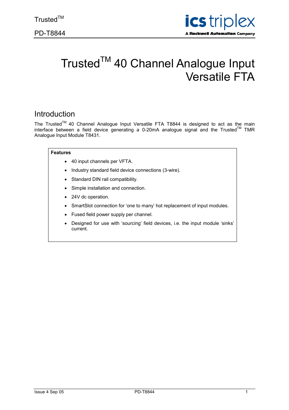 Rockwell Automation T8844 Trusted 40 Channel Analogue Input Versatile FTA User Manual | 14 pages