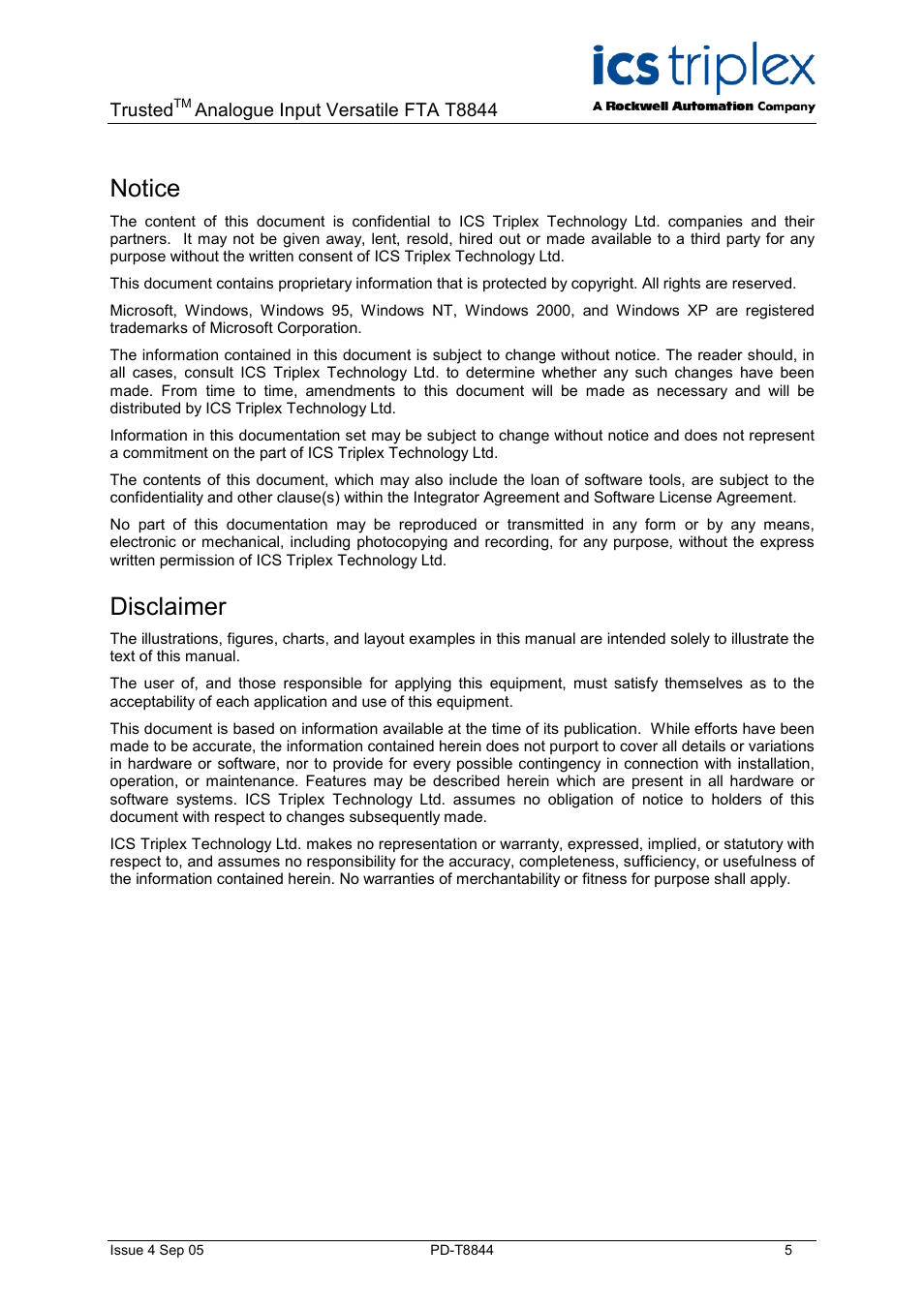 Notice, Disclaimer | Rockwell Automation T8844 Trusted 40 Channel Analogue Input Versatile FTA User Manual | Page 5 / 14