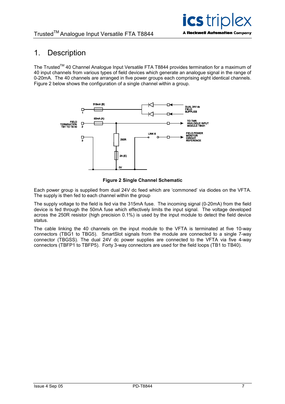 Description, Figure 2 single channel schematic, Trusted | Analogue input versatile fta t8844 | Rockwell Automation T8844 Trusted 40 Channel Analogue Input Versatile FTA User Manual | Page 7 / 14