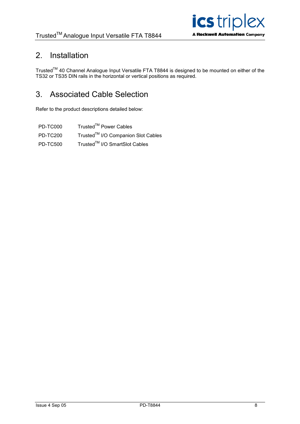 Installation, Associated cable selection, Trusted | Analogue input versatile fta t8844 | Rockwell Automation T8844 Trusted 40 Channel Analogue Input Versatile FTA User Manual | Page 8 / 14