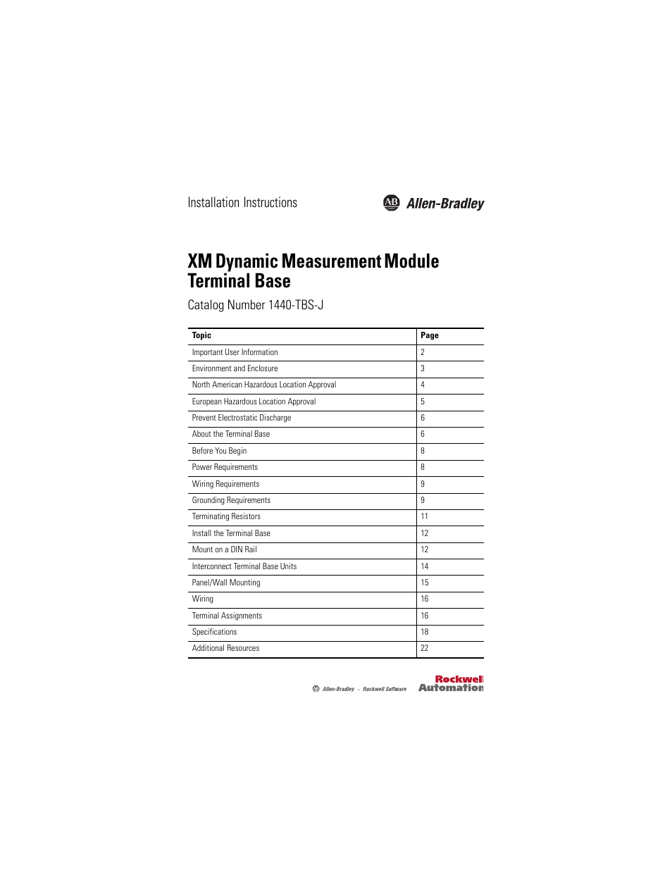 Rockwell Automation 1440-TBS-J XM Dynamic Measurement Module Terminal Base User Manual | 24 pages