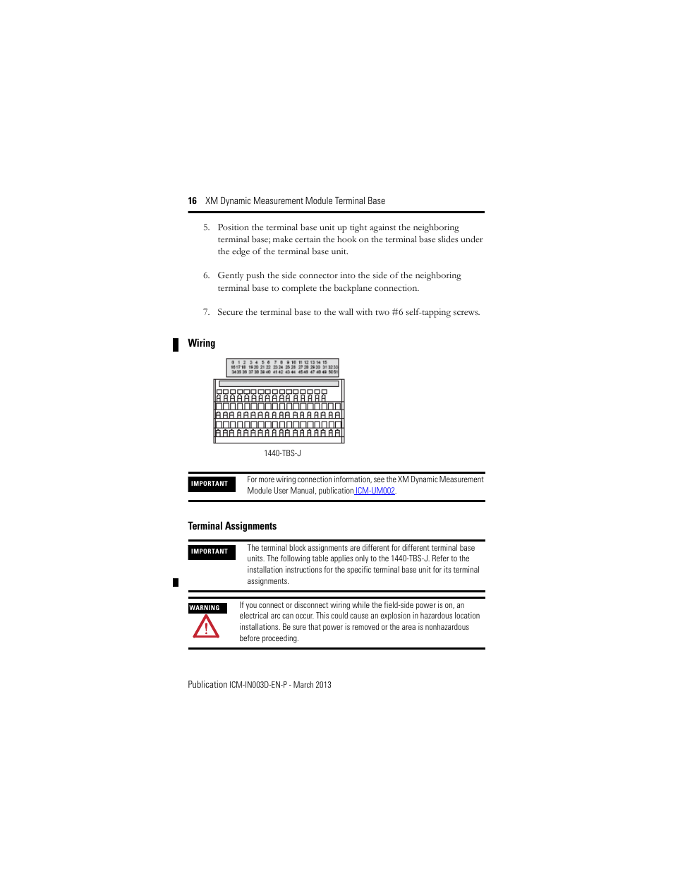 Wiring, Terminal assignments | Rockwell Automation 1440-TBS-J XM Dynamic Measurement Module Terminal Base User Manual | Page 16 / 24