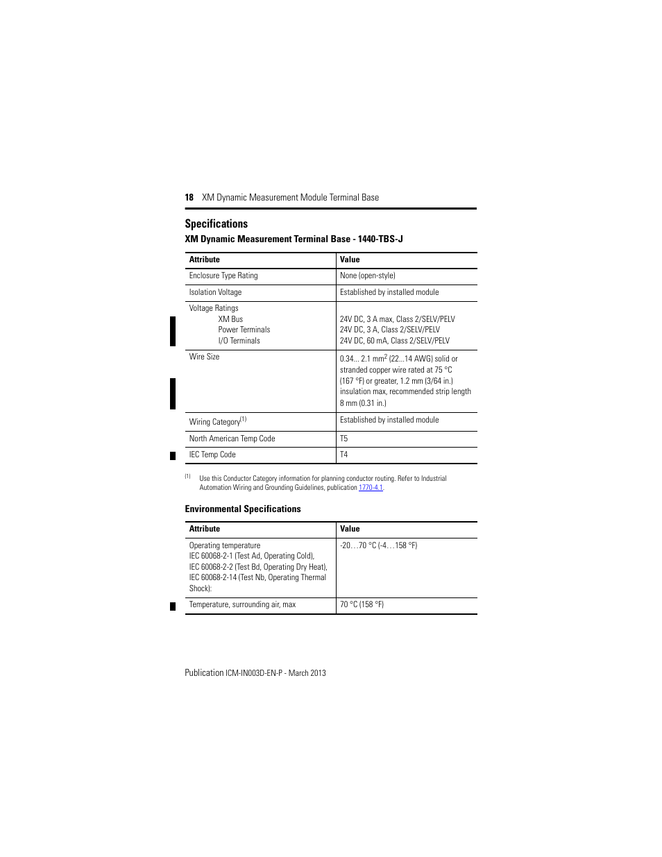 Specifications | Rockwell Automation 1440-TBS-J XM Dynamic Measurement Module Terminal Base User Manual | Page 18 / 24