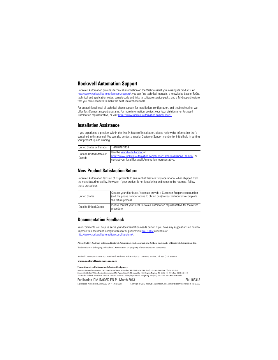 Back cover, Rockwell automation support, Installation assistance | New product satisfaction return, Documentation feedback | Rockwell Automation 1440-TBS-J XM Dynamic Measurement Module Terminal Base User Manual | Page 24 / 24