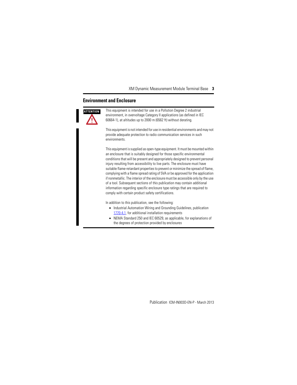 Environment and enclosure | Rockwell Automation 1440-TBS-J XM Dynamic Measurement Module Terminal Base User Manual | Page 3 / 24