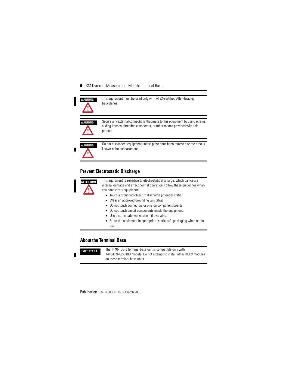 Prevent electrostatic discharge, About the terminal base | Rockwell Automation 1440-TBS-J XM Dynamic Measurement Module Terminal Base User Manual | Page 6 / 24