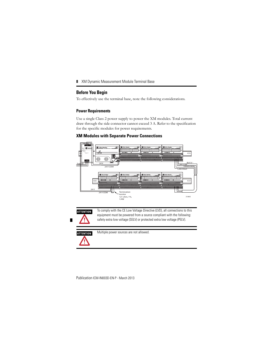 Before you begin, Power requirements, Xm modules with separate power connections | Rockwell Automation 1440-TBS-J XM Dynamic Measurement Module Terminal Base User Manual | Page 8 / 24
