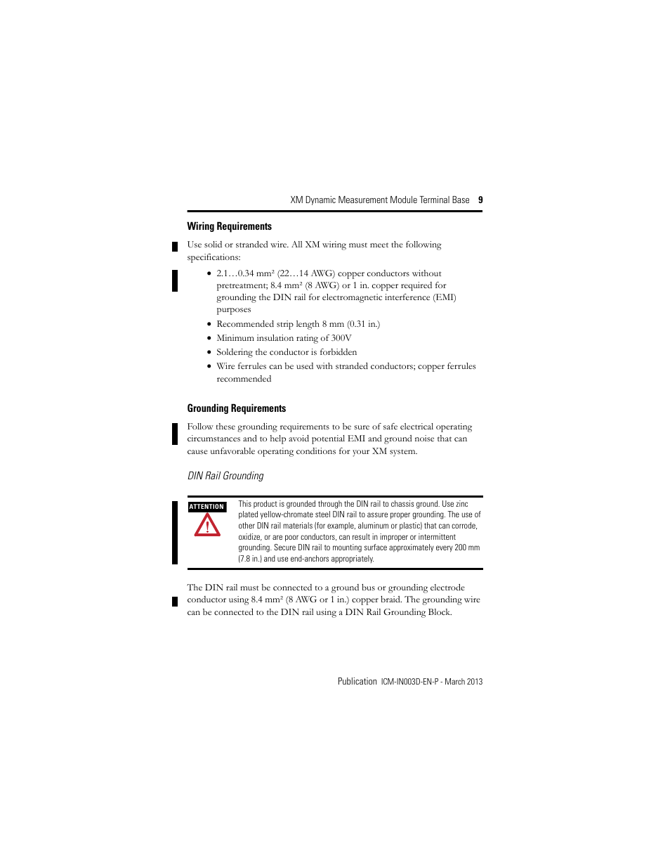 Wiring requirements, Grounding requirements | Rockwell Automation 1440-TBS-J XM Dynamic Measurement Module Terminal Base User Manual | Page 9 / 24