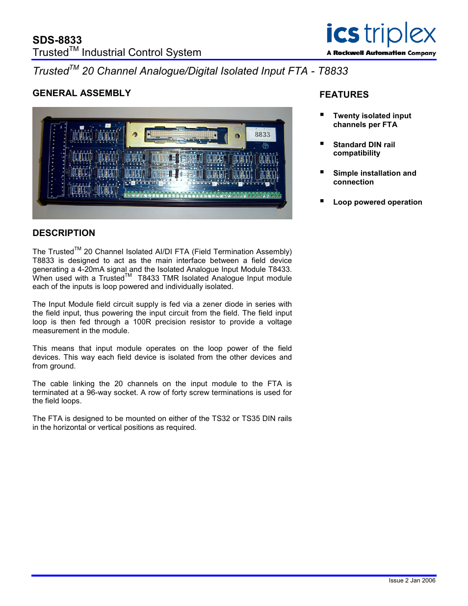 Rockwell Automation T8833 Trusted 20 Channel Analogue/Digital Isolated Input FTA User Manual | 2 pages