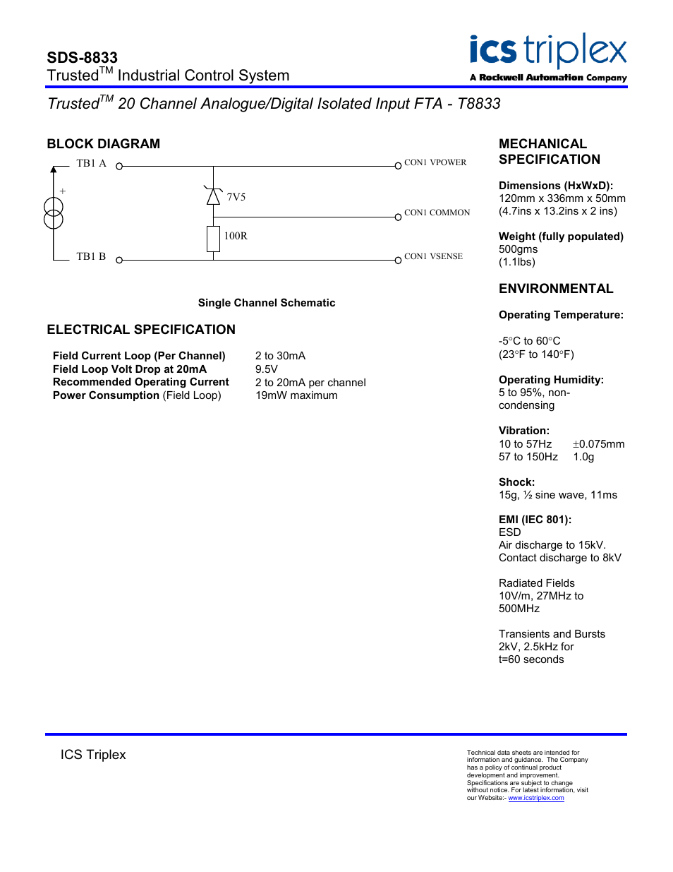 Block diagram, Single channel schematic, Electrical specification | Sds-8833 trusted, Industrial control system trusted | Rockwell Automation T8833 Trusted 20 Channel Analogue/Digital Isolated Input FTA User Manual | Page 2 / 2