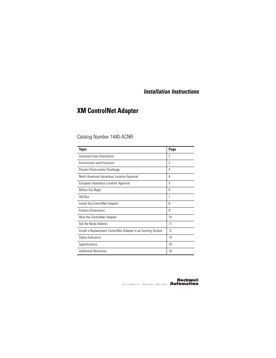 Rockwell Automation 1440-ACNR XM ControlNet Adapter User Manual | 20 pages