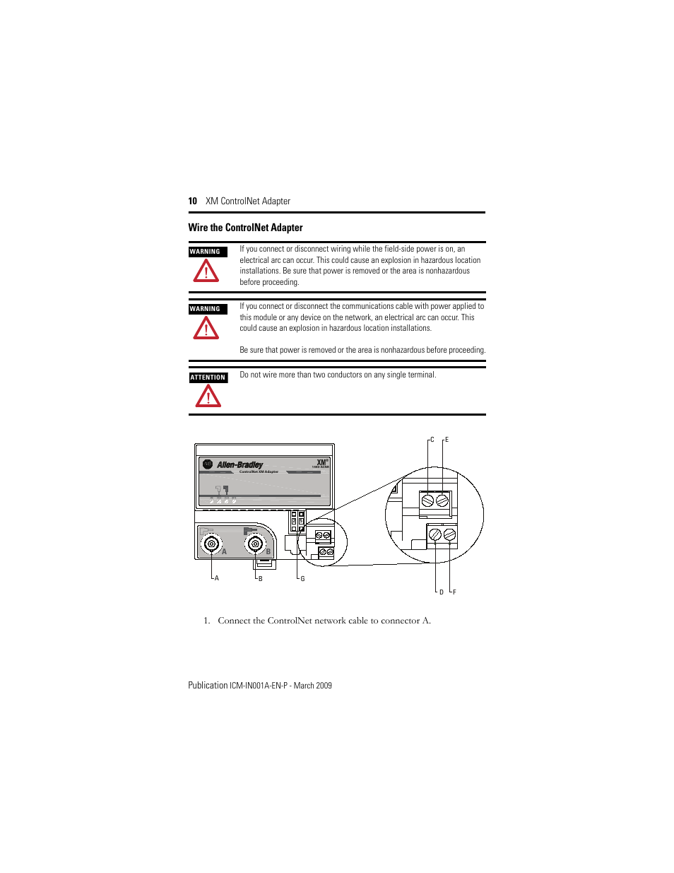 Wire the controlnet adapter, 10 xm controlnet adapter publication | Rockwell Automation 1440-ACNR XM ControlNet Adapter User Manual | Page 10 / 20