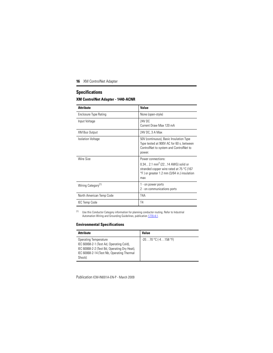 Specifications | Rockwell Automation 1440-ACNR XM ControlNet Adapter User Manual | Page 16 / 20