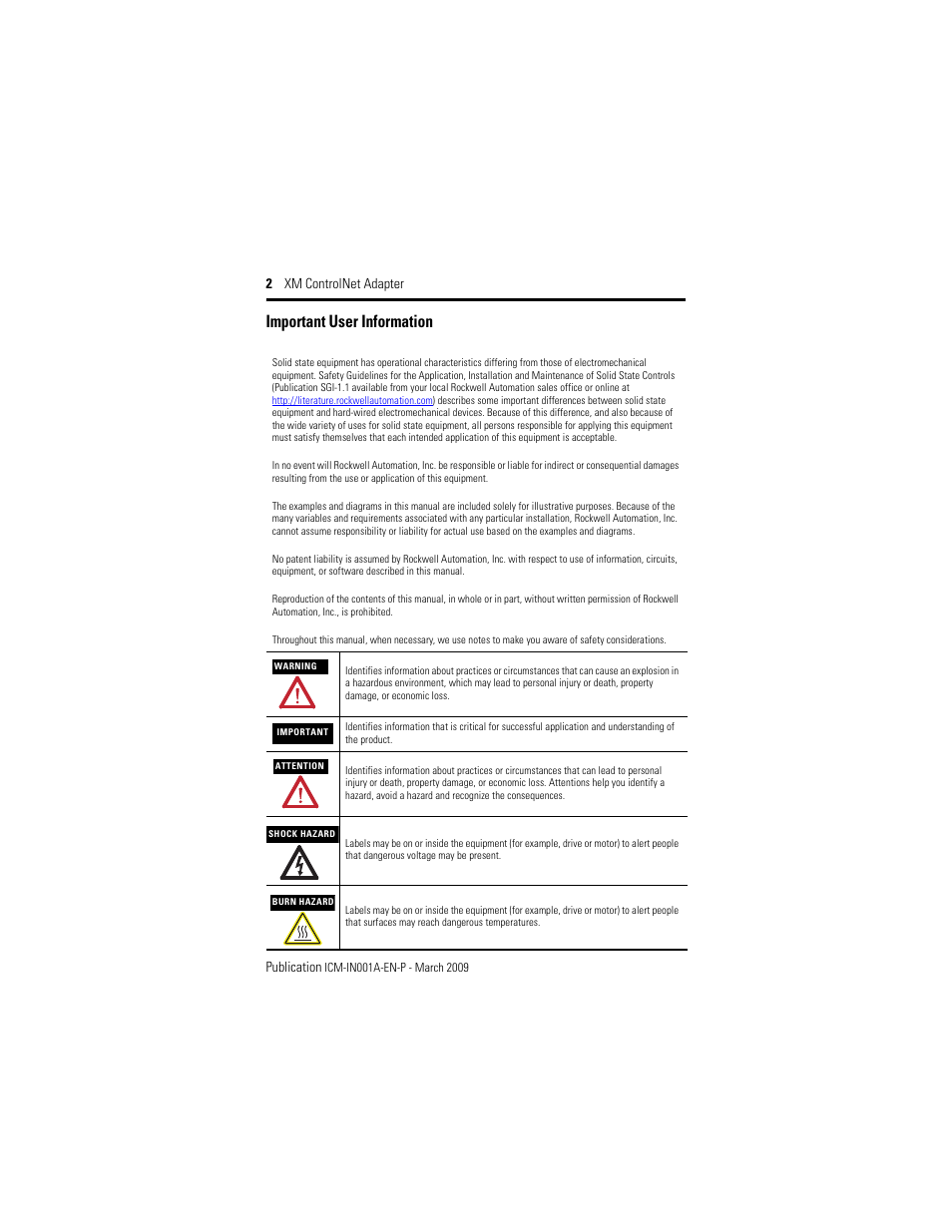 Important user information, 2 xm controlnet adapter publication | Rockwell Automation 1440-ACNR XM ControlNet Adapter User Manual | Page 2 / 20
