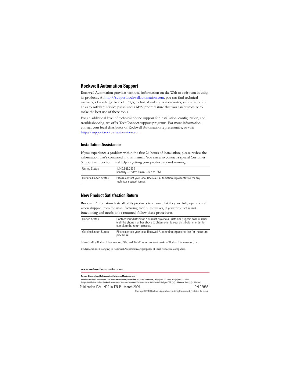 Back cover, Rockwell automation support, Installation assistance | New product satisfaction return | Rockwell Automation 1440-ACNR XM ControlNet Adapter User Manual | Page 20 / 20