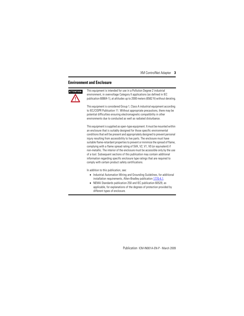 Environment and enclosure | Rockwell Automation 1440-ACNR XM ControlNet Adapter User Manual | Page 3 / 20