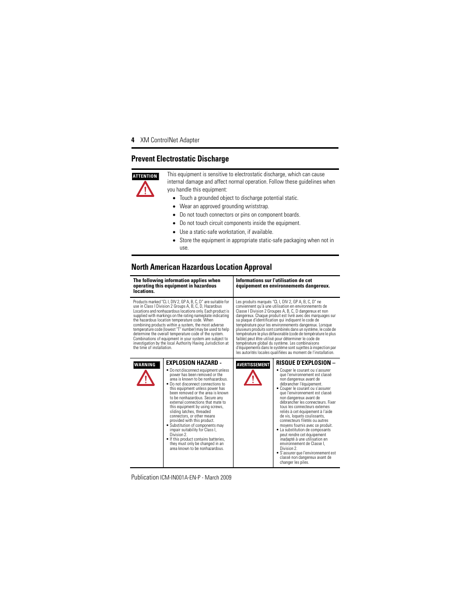 Prevent electrostatic discharge, North american hazardous location approval, 4 xm controlnet adapter publication | Rockwell Automation 1440-ACNR XM ControlNet Adapter User Manual | Page 4 / 20