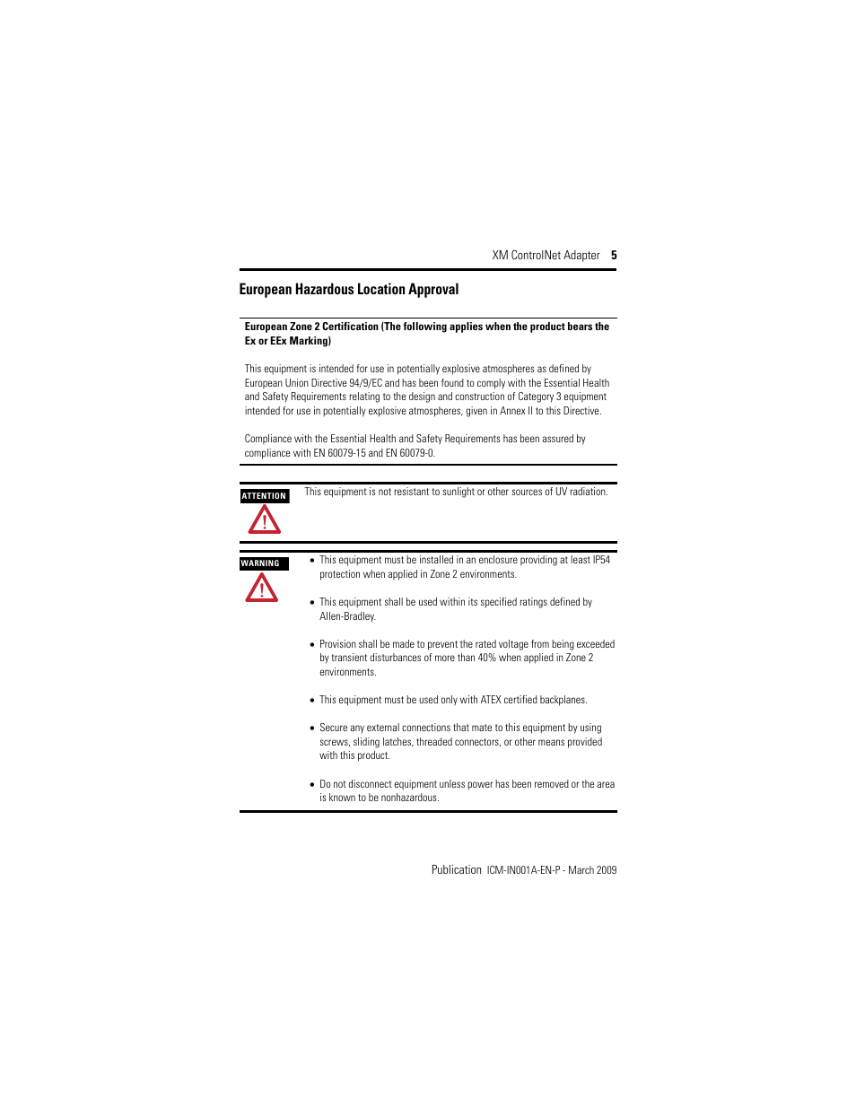 European hazardous location approval | Rockwell Automation 1440-ACNR XM ControlNet Adapter User Manual | Page 5 / 20