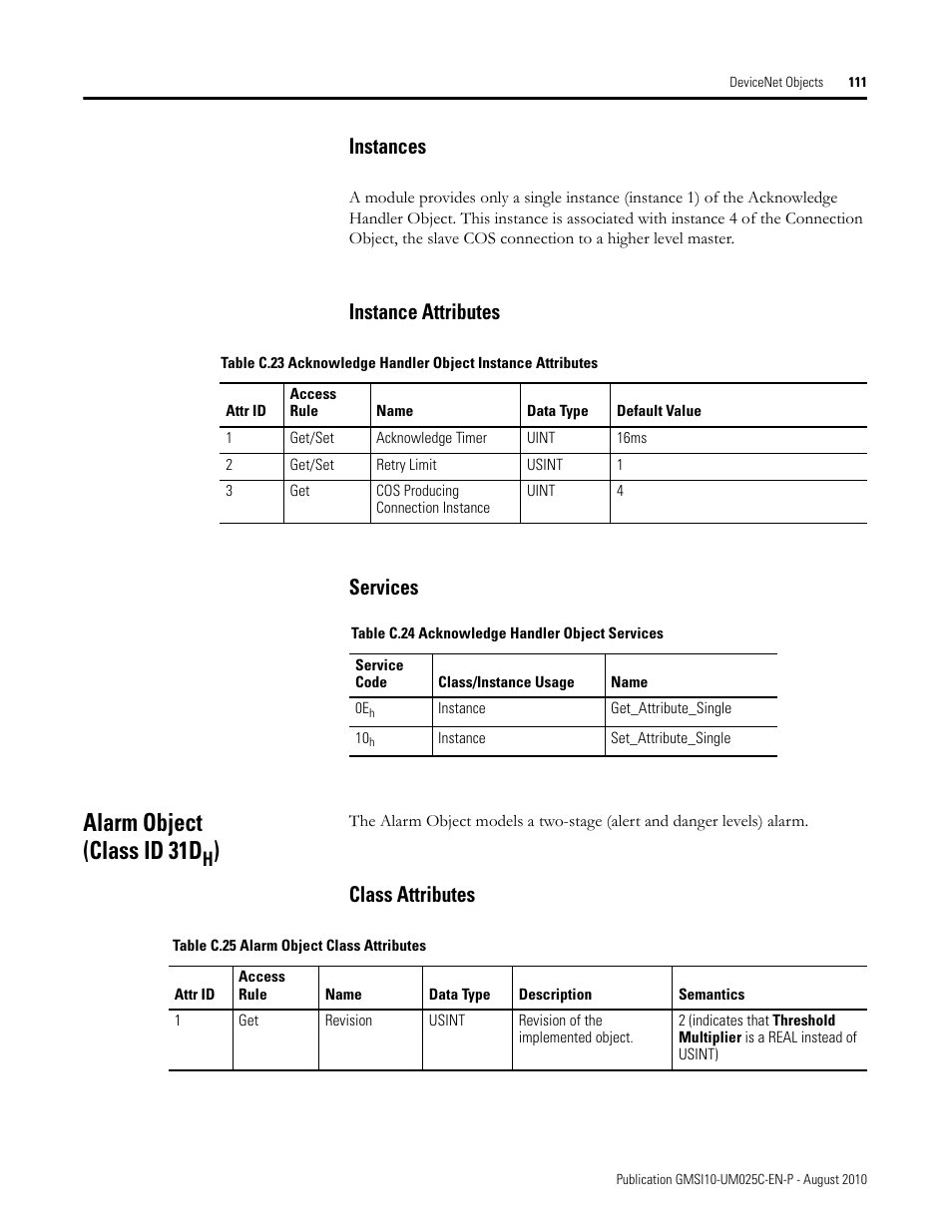 Instances, Instance attributes, Services | Alarm object (class id 31dh), Class attributes, Instances instance attributes services, Alarm object (class id 31d, Instance attributes services | Rockwell Automation 1440-VDRP06-00RH XM-160/161/162 Direct Vibration Module User Manual | Page 119 / 143
