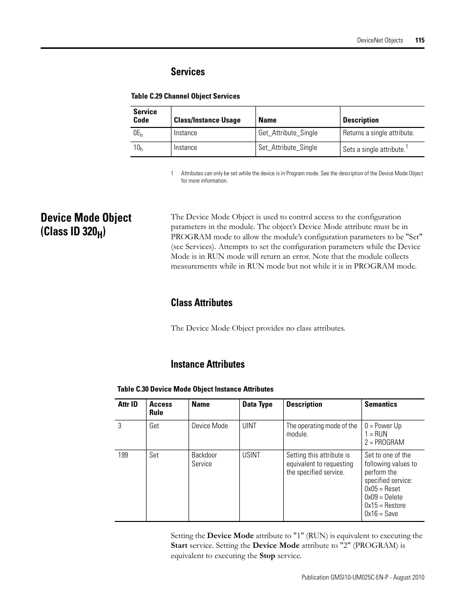 Services, Device mode object (class id 320h), Class attributes | Instance attributes, Class attributes instance attributes, Device mode object (class id 320 | Rockwell Automation 1440-VDRP06-00RH XM-160/161/162 Direct Vibration Module User Manual | Page 123 / 143