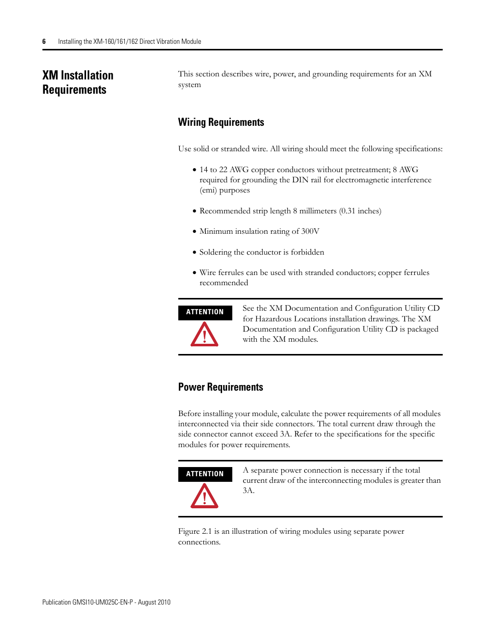 Xm installation requirements, Wiring requirements, Power requirements | Wiring requirements power requirements | Rockwell Automation 1440-VDRP06-00RH XM-160/161/162 Direct Vibration Module User Manual | Page 14 / 143