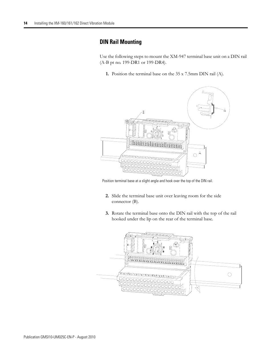 Din rail mounting | Rockwell Automation 1440-VDRP06-00RH XM-160/161/162 Direct Vibration Module User Manual | Page 22 / 143