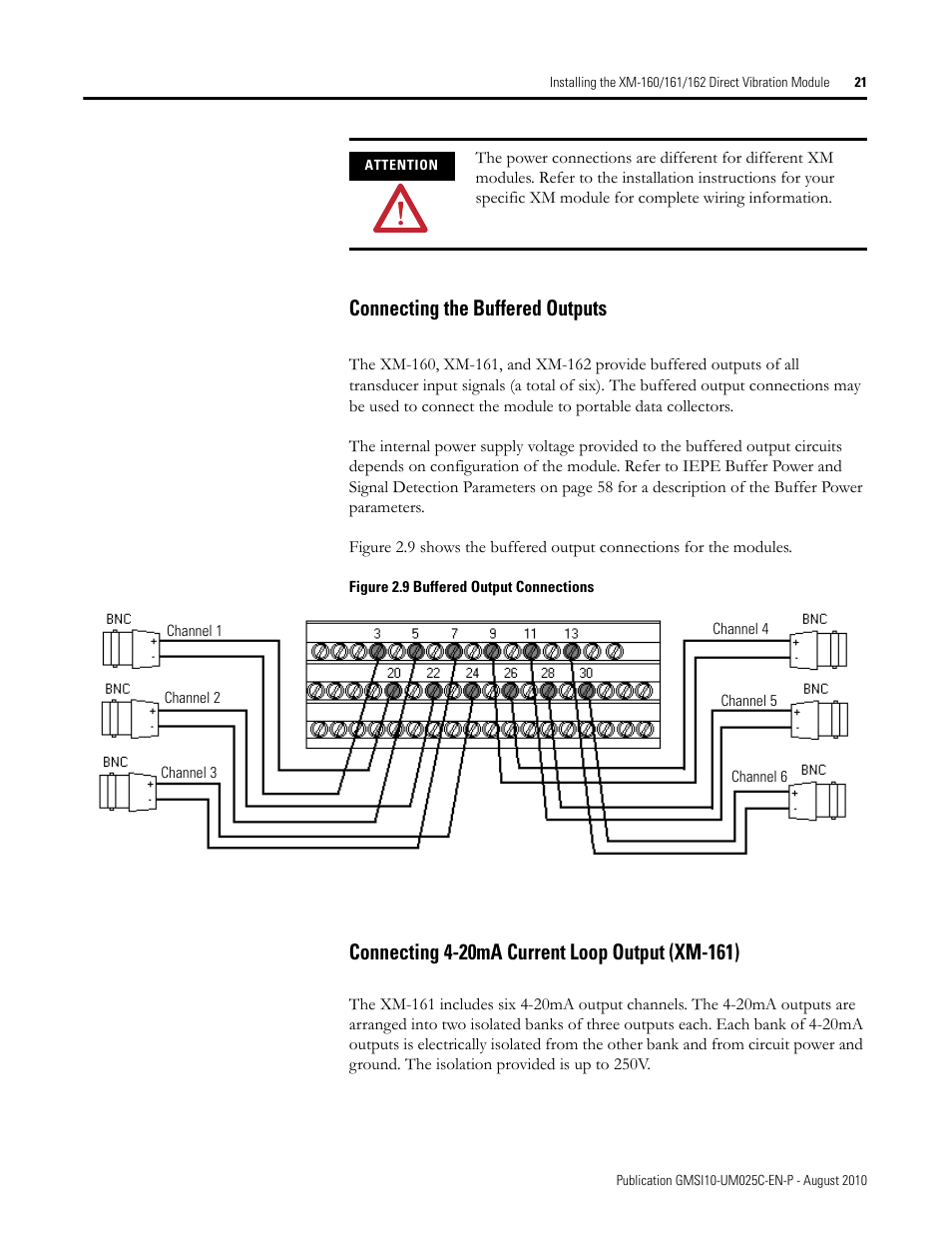 Connecting the buffered outputs, Connecting 4-20ma current loop output (xm-161) | Rockwell Automation 1440-VDRP06-00RH XM-160/161/162 Direct Vibration Module User Manual | Page 29 / 143