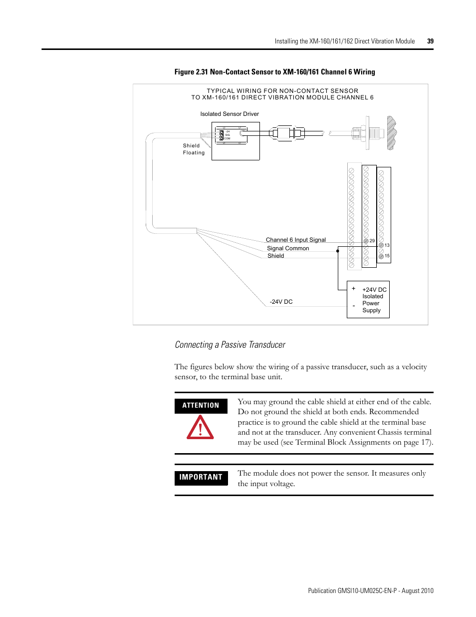Connecting a passive transducer, Important | Rockwell Automation 1440-VDRP06-00RH XM-160/161/162 Direct Vibration Module User Manual | Page 47 / 143