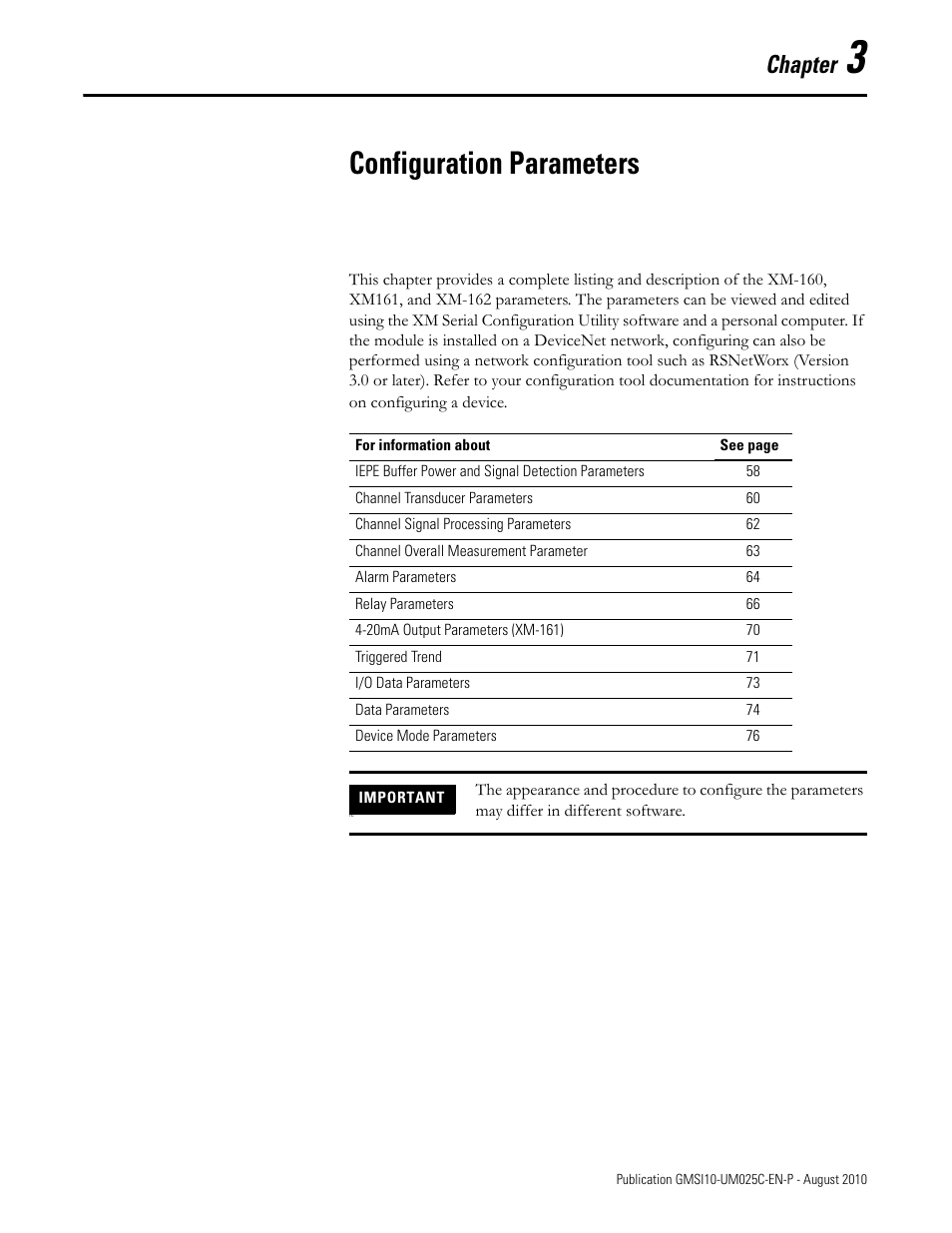 Configuration parameters, Chapter 3, Chapter | Rockwell Automation 1440-VDRP06-00RH XM-160/161/162 Direct Vibration Module User Manual | Page 65 / 143