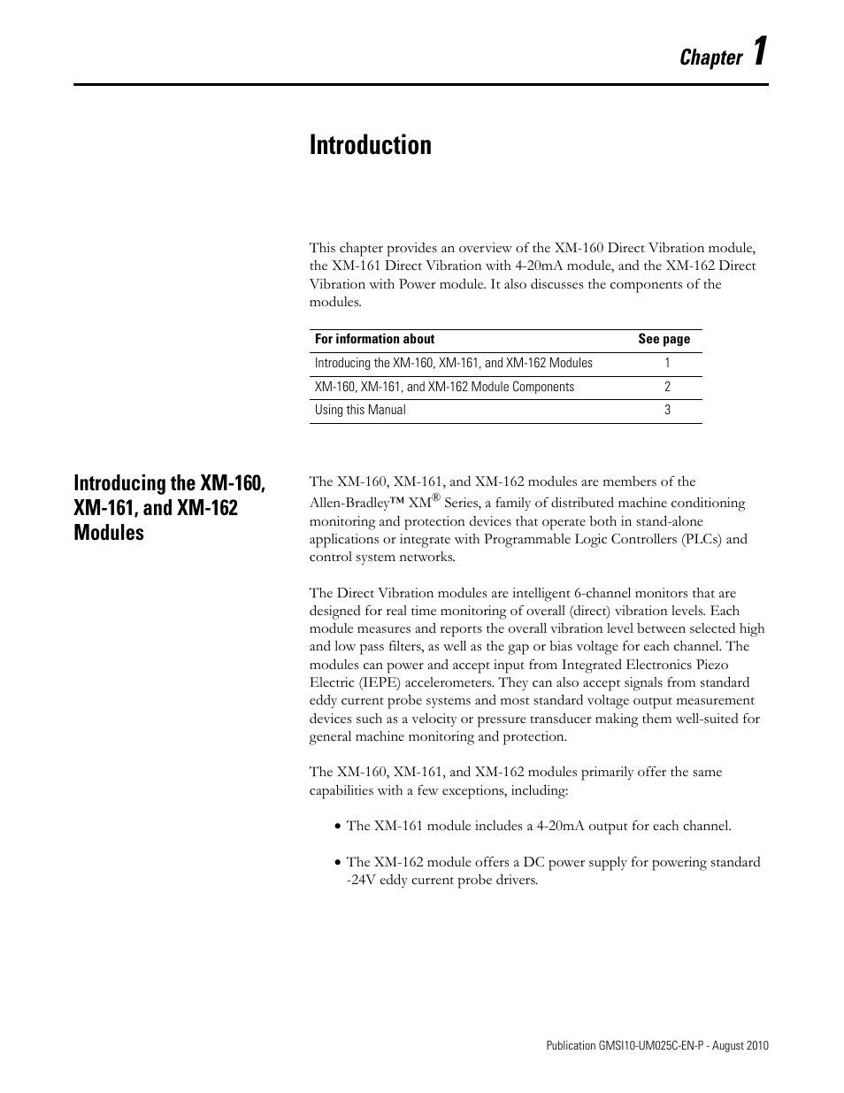 Introduction, Introducing the xm-160, xm-161, and xm-162 modules, Chapter 1 | Chapter | Rockwell Automation 1440-VDRP06-00RH XM-160/161/162 Direct Vibration Module User Manual | Page 9 / 143