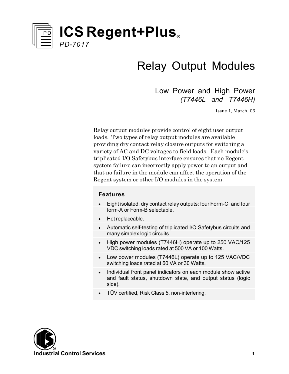 Rockwell Automation T7446L_H ICS Regent+Plus Relay Output Modules User Manual | 18 pages