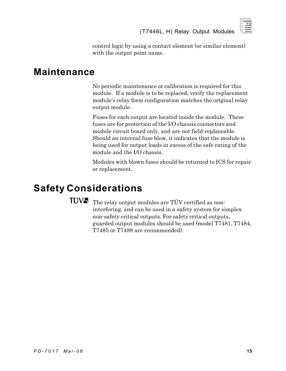 Maintenance, Safety considerations | Rockwell Automation T7446L_H ICS Regent+Plus Relay Output Modules User Manual | Page 15 / 18