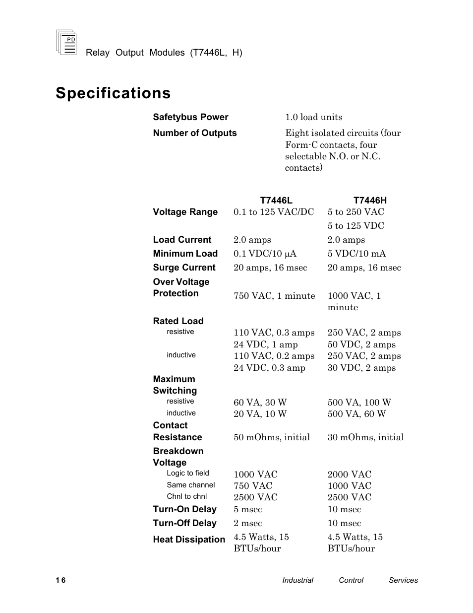 Specifications | Rockwell Automation T7446L_H ICS Regent+Plus Relay Output Modules User Manual | Page 16 / 18