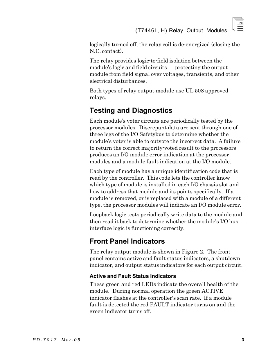 Testing and diagnostics, Front panel indicators | Rockwell Automation T7446L_H ICS Regent+Plus Relay Output Modules User Manual | Page 3 / 18