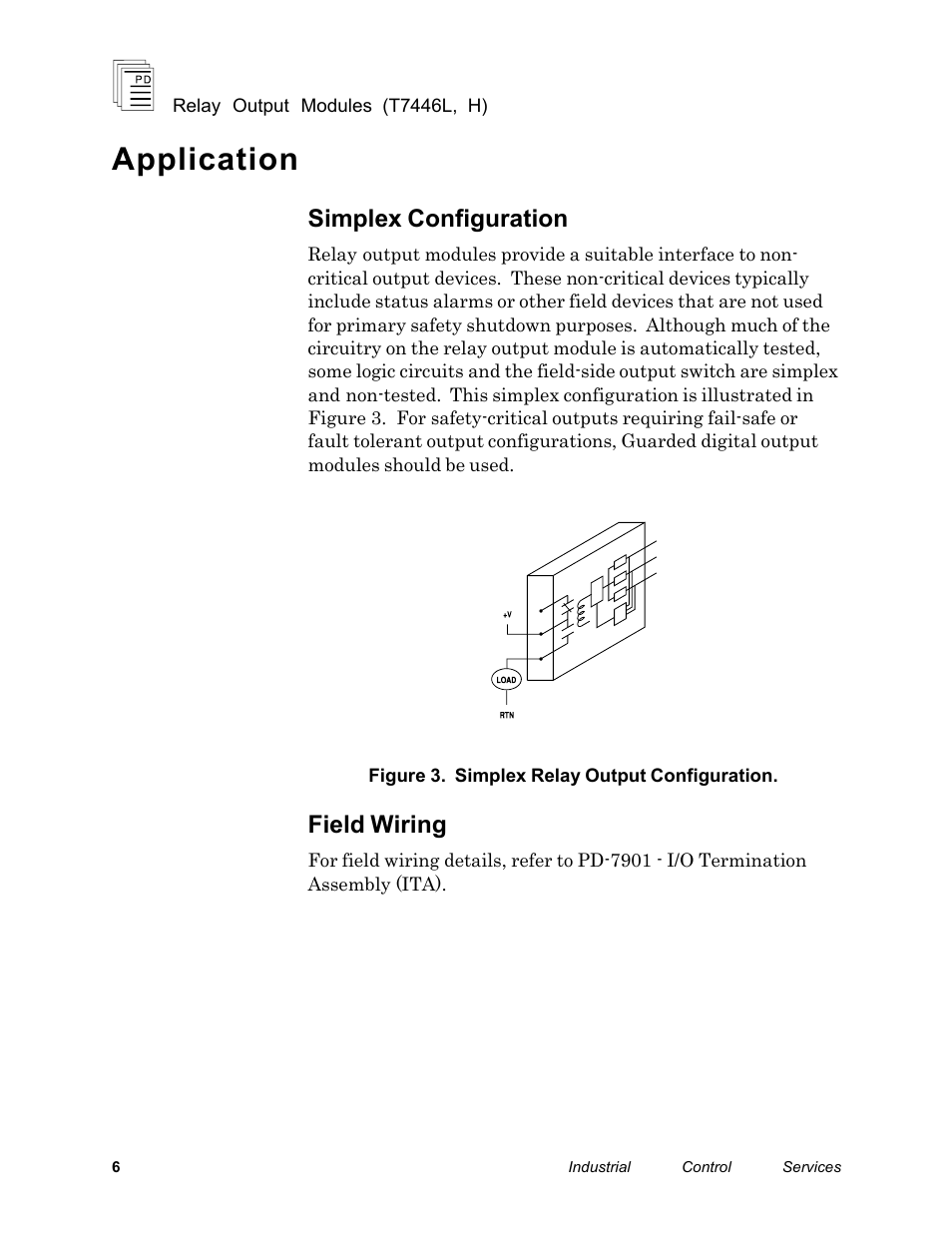 Application, Simplex configuration, Field wiring | Rockwell Automation T7446L_H ICS Regent+Plus Relay Output Modules User Manual | Page 6 / 18