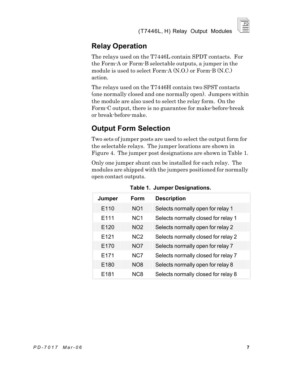 Relay operation, Output form selection | Rockwell Automation T7446L_H ICS Regent+Plus Relay Output Modules User Manual | Page 7 / 18