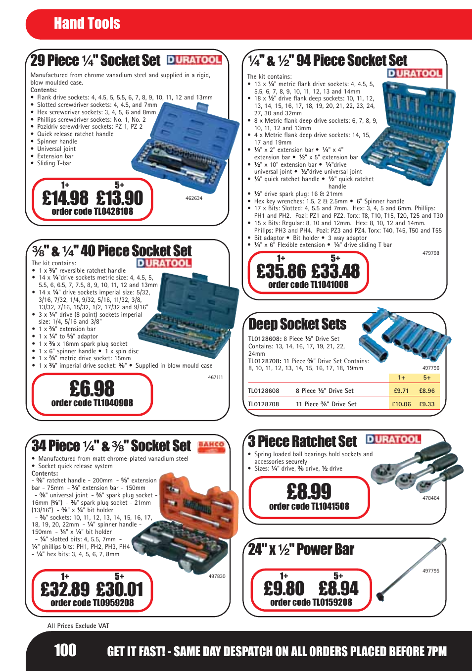 29 piece ¹⁄₄ " socket set, 3 piece ratchet set, 24" x ¹⁄₂ " power bar | 34 piece ¹⁄₄ " & ³⁄₈ " socket set, Deep socket sets ¹⁄₄ " & ¹⁄₂ " 94 piece socket set, 40 piece socket set, Hand tools | Bosch LHM0610 User Manual | Page 100 / 148