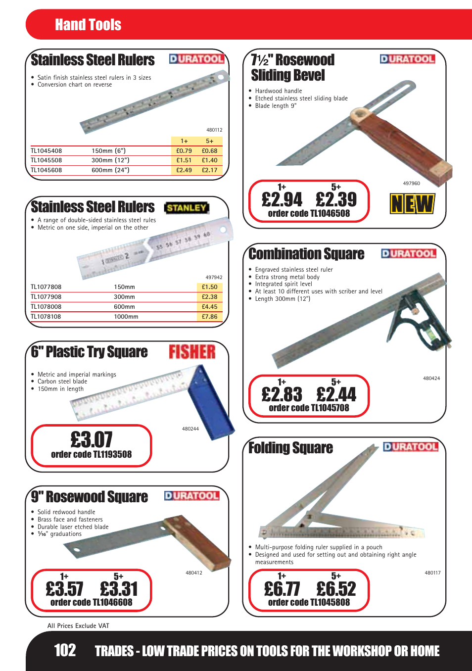 Stainless steel rulers, 6" plastic try square, 9" rosewood square | 7¹⁄₂ " rosewood sliding bevel, Combination square, Folding square, Hand tools | Bosch LHM0610 User Manual | Page 102 / 148