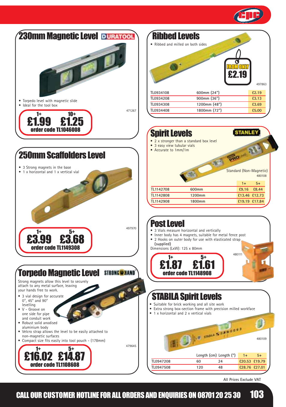 230mm magnetic level, 250mm scaffolders level torpedo magnetic level, Ribbed levels | Spirit levels, Post level, Stabila spirit levels | Bosch LHM0610 User Manual | Page 103 / 148
