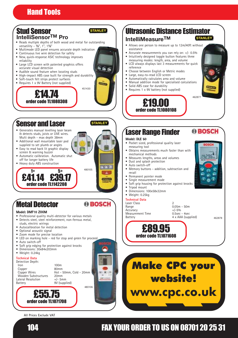 Make cpc your website, Stud sensor, Sensor and laser | Metal detector, Ultrasonic distance estimator, Laser range finder, Hand tools, Intellisensor, Intellimeasure | Bosch LHM0610 User Manual | Page 104 / 148