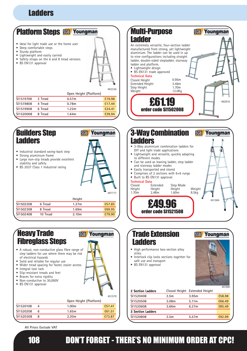 108 don’t forget - there’s no minimum order at cpc, Platform steps, Builders step ladders | Heavy trade fibreglass steps, Ladder, Multi-purpose 3-way combination ladders, Trade extension ladders, Ladders | Bosch LHM0610 User Manual | Page 108 / 148