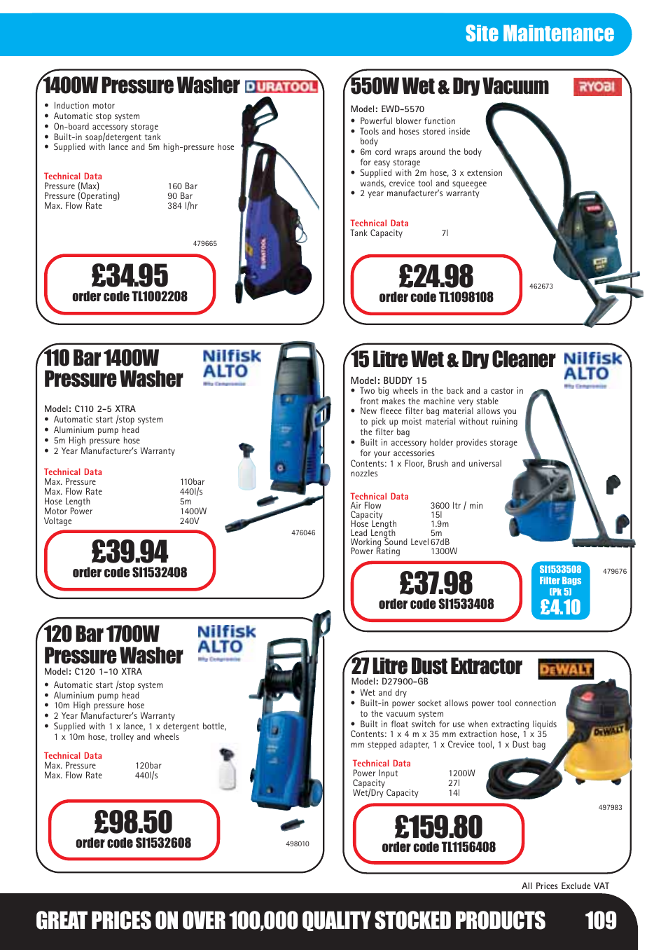 1400w pressure washer, 15 litre wet & dry cleaner, 27 litre dust extractor | 550w wet & dry vacuum, Site maintenance | Bosch LHM0610 User Manual | Page 109 / 148