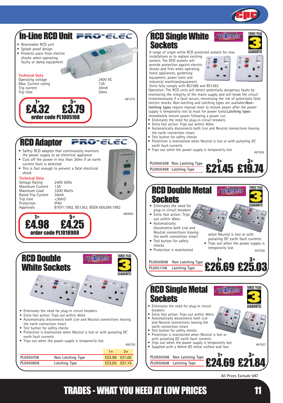 Trades - what you need at low prices 11, In-line rcd unit, Rcd adaptor | Rcd single white sockets, Rcd double white sockets, Rcd double metal sockets rcd single metal sockets | Bosch LHM0610 User Manual | Page 11 / 148