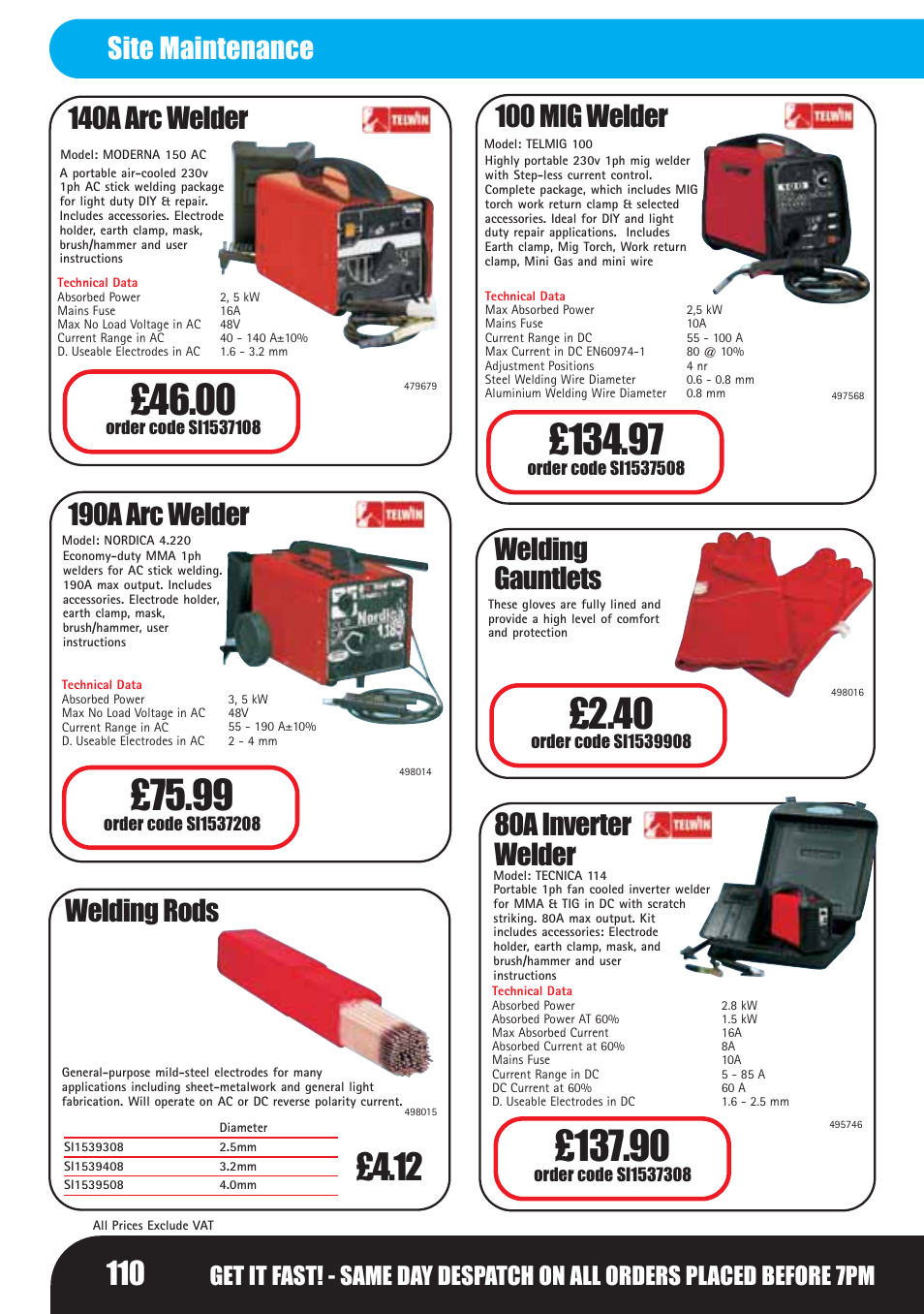 190a arc welder, 100 mig welder, 140a arc welder welding rods | Welding gauntlets 80a inverter welder, Site maintenance | Bosch LHM0610 User Manual | Page 110 / 148
