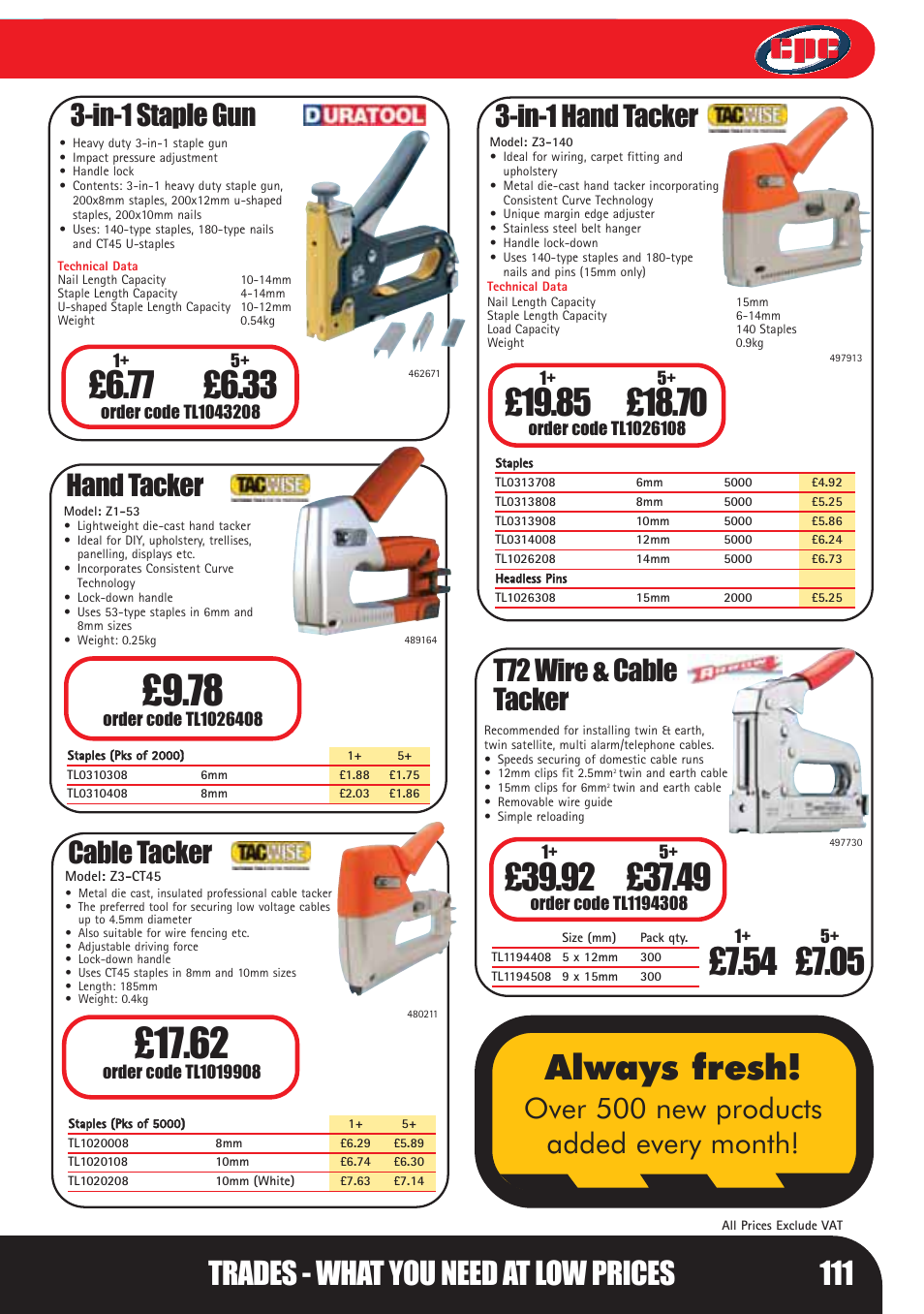 Always fresh, Trades - what you need at low prices 111, In-1 staple gun | Hand tacker, Cable tacker, In-1 hand tacker, T72 wire & cable tacker, Over 500 new products added every month | Bosch LHM0610 User Manual | Page 111 / 148