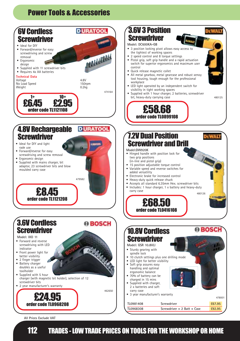 6v cordless screwdriver, 8v rechargeable screwdriver, 6v 3 position screwdriver | 2v dual position screwdriver and drill, 8v cordless screwdriver, Power tools & accessories | Bosch LHM0610 User Manual | Page 112 / 148