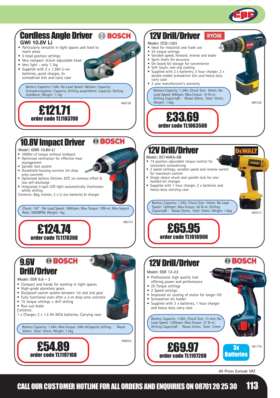 Cordless angle driver 10.8v impact driver, 6v drill/driver 12v drill/driver, 12v drill/driver | Bosch LHM0610 User Manual | Page 113 / 148