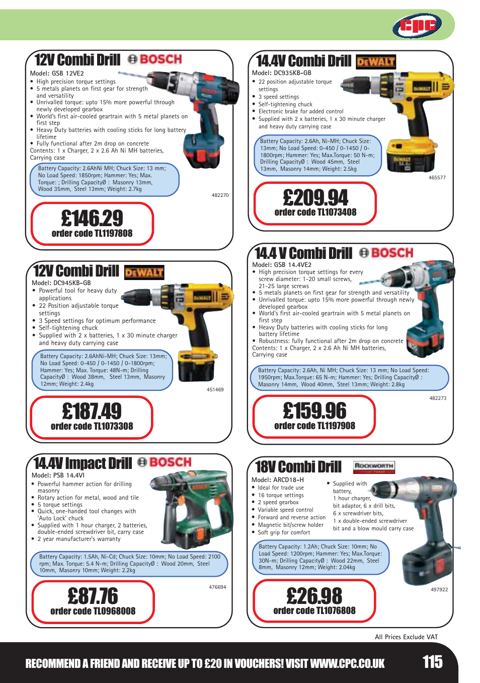 12v combi drill, 4v combi drill, 4 v combi drill | 18v combi drill, 4v impact drill | Bosch LHM0610 User Manual | Page 115 / 148