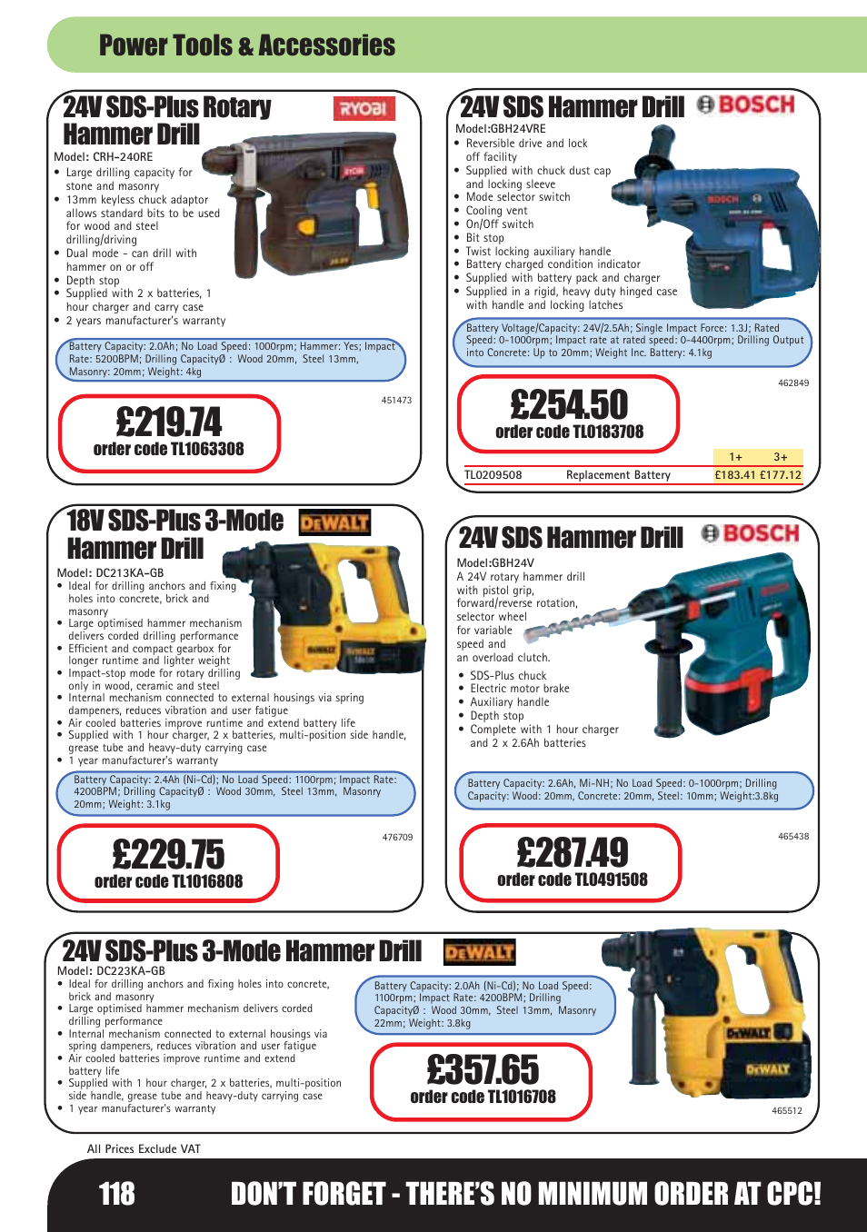 118 don’t forget - there’s no minimum order at cpc, 18v sds-plus 3-mode hammer drill, 24v sds hammer drill | 24v sds-plus rotary hammer drill, 24v sds-plus 3-mode hammer drill, Power tools & accessories | Bosch LHM0610 User Manual | Page 118 / 148
